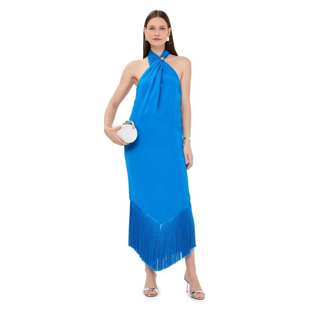 NWT Baobab Margarita Dress Blueberry Blue Halter Fringe Hem Maxi XS Evening Gown